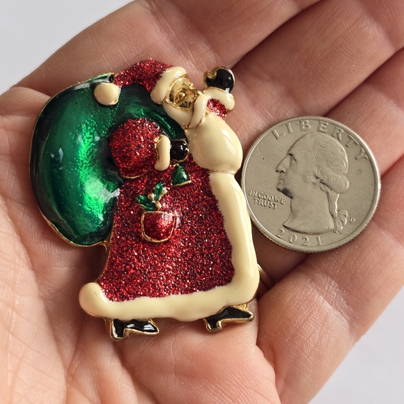 Vintage Santa Claus brooch Christmas holiday pin Red green gold tone - Picture 5 of 9